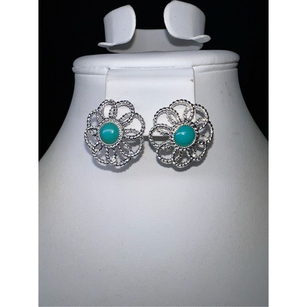 Dana Buchman Silver Tone With‎ Faux Turquoise Open Petal Flower Earrings